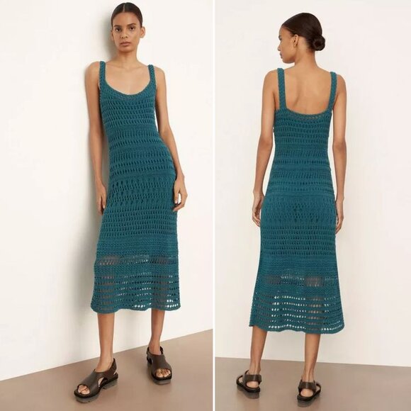 VINCE Lace Crochet Knit Midi DRESS Size L Teal Green Cotton Blend NEW $525 - Picture 2 of 9